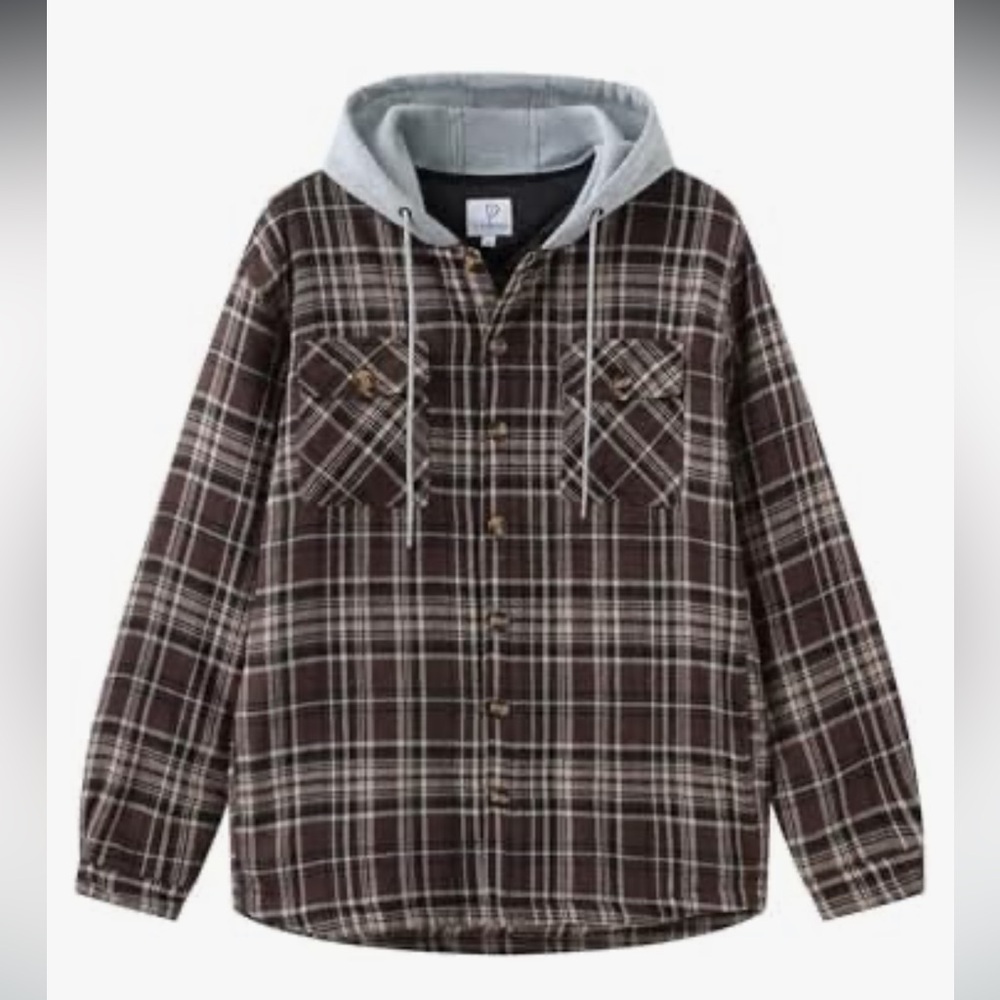 Brown Plaid Flannel Shirt jacket with Hood